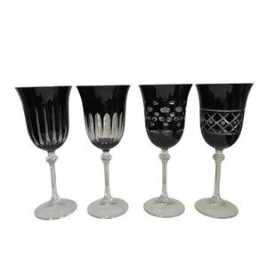 Vtg Le Stelle Italy Set of 4 Black Wine Glasses Diamond Cut Glass Crystal